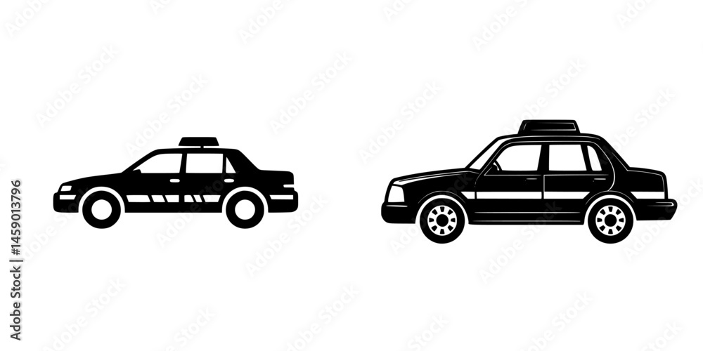 Fototapeta premium Flat black icon representing two different styles of taxi vehicles side by side for transportation themes
