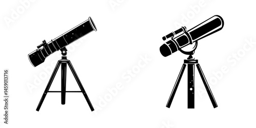Flat black icon representing telescopes on tripods for astronomy and stargazing activities