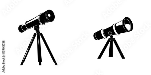 Flat black icons depict telescopes positioned in two distinct orientations, emphasizing their design and sturdy tripods