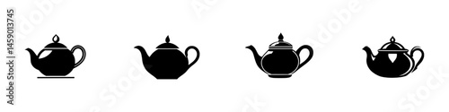 Various flat black teapot icons designed for tea-related themes and culinary applications