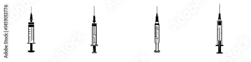 Flat black icons of medical syringes arranged in a line showing various styles for healthcare and medical purposes