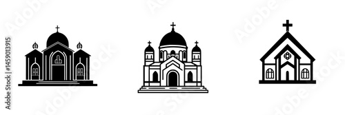 Flat black icons representing various styles of churches and religious buildings in minimalist design
