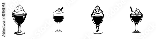 Four flat black icons of desserts showcasing various styles and presentations, with soft serve and elegant glassware