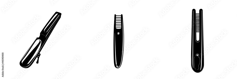 Flat black icon collection featuring various hair styling tools for personal grooming and hair maintenance Flat black icon collection featuring various hair styling tools for personal grooming and hair maintenance