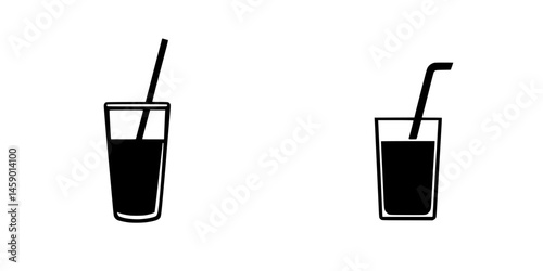 Flat black icon representing two glasses filled with a dark beverage and straws, perfect for beverage-related designs