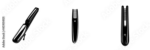 Flat black icon collection featuring various hair styling tools for personal grooming and hair maintenance