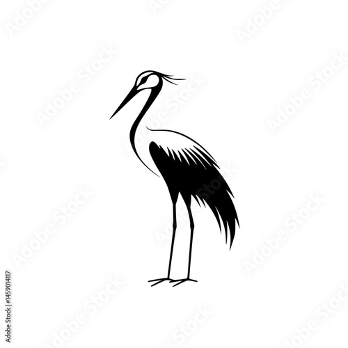 Elegant black icon of a crane standing gracefully, showcasing intricate design and simplicity in style