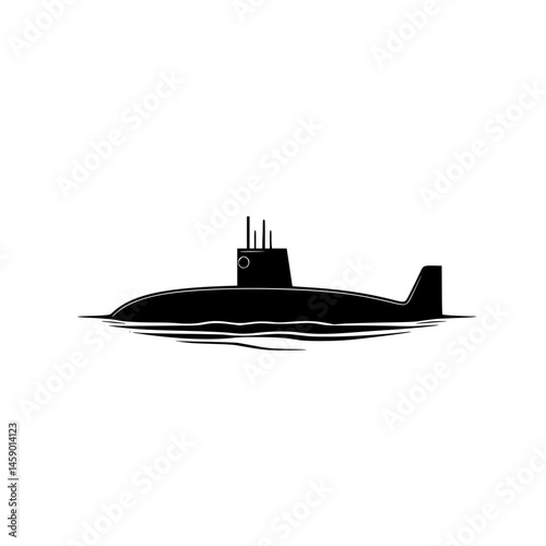 Flat black icon of a submarine on water showcasing its sleek design and prominent features