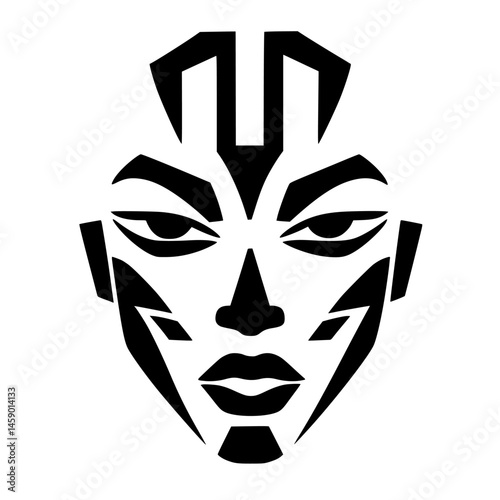 Stylized black icon of a face with abstract features, emphasizing geometric designs and sharp lines