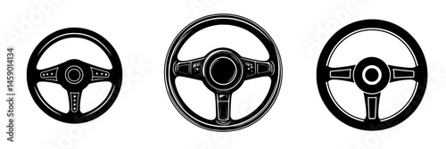 Black flat icons of three different steering wheels representing various vehicle styles and designs for automotive purposes