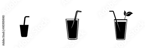Collection of flat black drink icons featuring various types of beverage containers with straws and a leaf