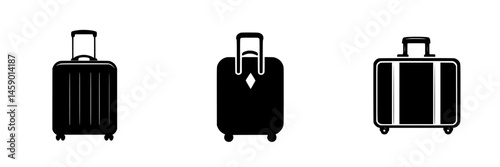 Stylized flat black icons of various suitcase designs suitable for travel applications and creative projects