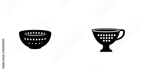 Flat black icons representing a colander and a cup in minimalist design suitable for kitchen or cooking themes
