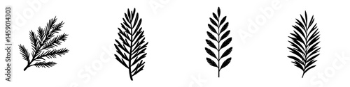 Flat black icons of various leaf shapes arranged in a row depicting different types of foliage and plant arrangements for design purposes