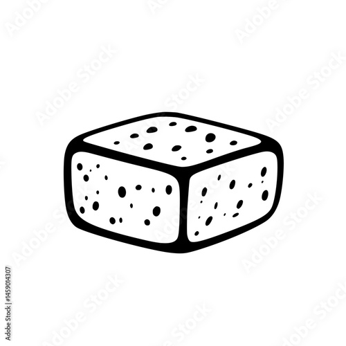 Flat black icon representing a block of tofu set against a blank background in a minimalistic design