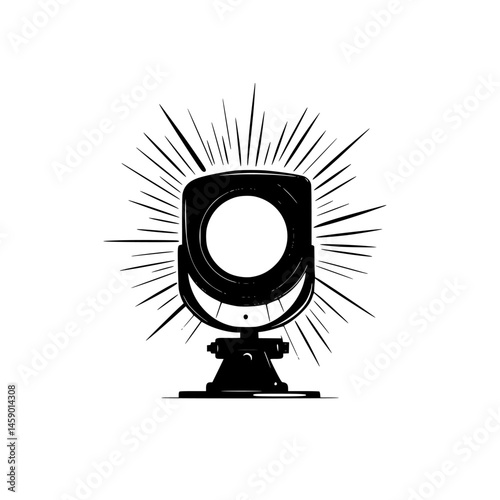 Flat black icon showcasing a spotlight design with rays emanating from its core to symbolize illumination and creativity