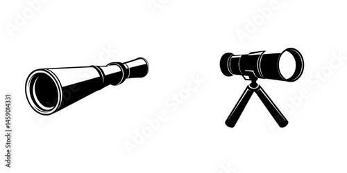 Flat black icons depicting a telescope and monocular designed for viewing distant objects