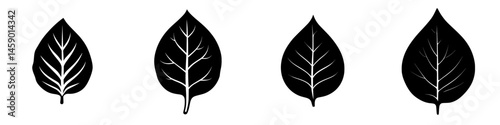 Black leaf icons with detailed vein patterns showcasing nature's design in a flat style suitable for various digital applications