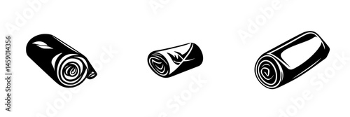 Flat black icons of rolled mats suitable for various activities such as yoga, exercise, or outdoor use depicting different designs and styles