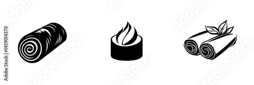 Collection of flat black icons representing different dessert items featuring rolls, cream, and cinnamon