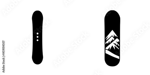 Black icon depicting a snowboard with a mountain graphic highlighting winter sports and outdoor adventures