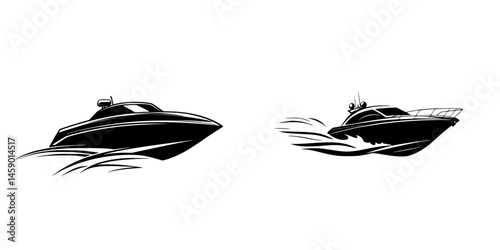 Dynamic black icons of sleek motorboats in motion showcasing speed and design on a white background
