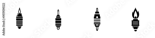 Spark plugs illustrated in a flat black icon style showcasing various designs and functionalities for automotive applications