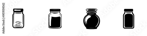 Flat black icons representing various types of jars showcasing distinct shapes and sizes suitable for design projects or illustrations