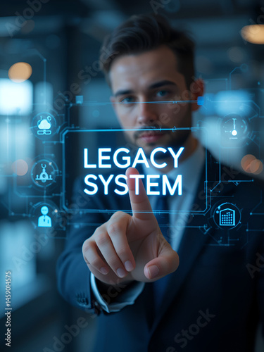 Businessman using virtual touch screen presses inscription LEGACY SYSTEM Legacy Systems Business Technology Interoperability Upgrade concept :