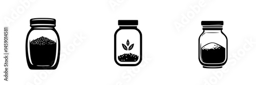 Flat black icons of jars with various contents showcasing different designs and styles for creative projects or illustrations