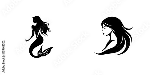 Elegant flat black silhouette icons of a mermaid and a woman with flowing hair for design and branding purposes