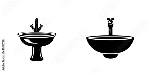 Black icon of two sink designs showcasing modern and traditional styles for home interiors and bathroom decor