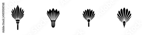 Flat black icons representing shuttlecocks arranged in a row with distinct designs showcasing variations in shape and style