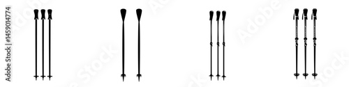 Four flat black icons representing different types of paddles and poles for outdoor activities