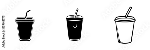 Flat black icons of beverage cups with straws showcasing different designs and sizes