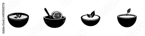 Various flat black bowl icons representing different ingredients in a minimalist style for design purposes