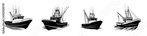 Collection of flat black boat icons showcasing various fishing vessels in motion across water