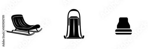 Flat black icons representing a sled, a snow shovel, and a snow plow, showcasing winter activities and tools used in snowy conditions