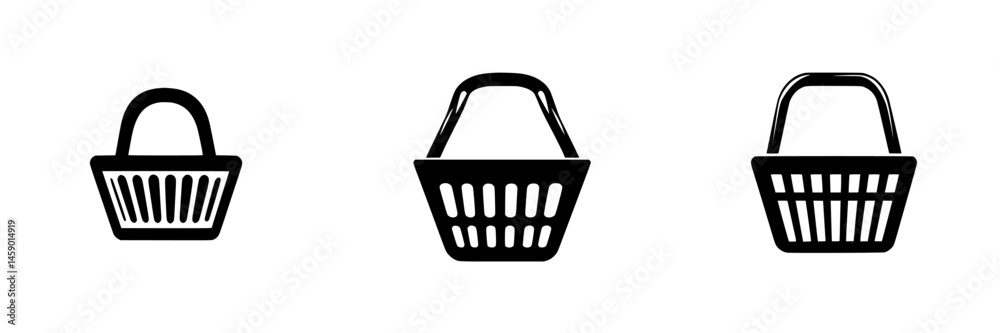Flat black icons of three shopping baskets designed for modern retail settings, showcasing varied styles and shapes Flat black icons of three shopping baskets designed for modern retail settings, showcasing varied styles and shapes