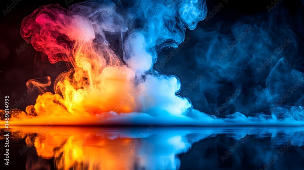 Fototapeta premium Color Fusion: A mesmerizing dance of fire and ice, where the warm embrace of vibrant orange merges with the cool allure of serene blue. The abstract creation reflects in water.