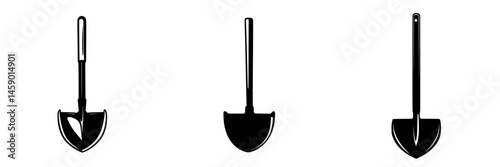 Flat black icon of garden shovels, useful for landscaping and gardening tasks, showcasing different designs and functionalities