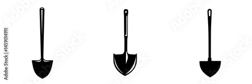Black flat icon of shovels representing various styles for digging, gardening, or construction tasks, suitable for design and illustration projects