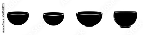 Flat black icons of various bowl shapes arranged in a horizontal line showcasing design variations and styles for graphical use