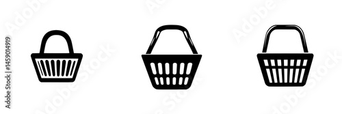 Flat black icons of three shopping baskets designed for modern retail settings, showcasing varied styles and shapes