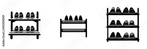 Three flat black icons depicting shoe racks with various styles and arrangements of shoes