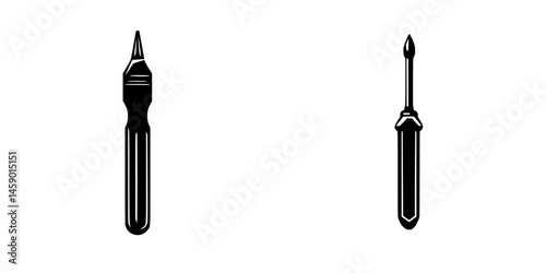 Black flat icon depicting a fountain pen and a screwdriver as tools for writing and repair tasks