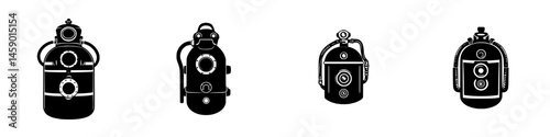 Diverse black icons of vintage diving helmets showcasing unique designs and shapes for underwater exploration enthusiasts