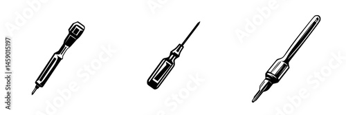Flat black icons of screwdrivers in various styles for tools and hardware design