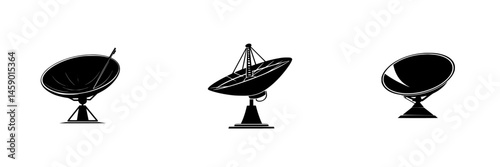Collection of flat black satellite dish icons in various positions showcasing telecommunications technology