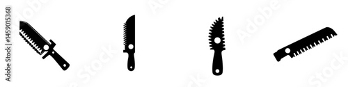 Set of flat black icons showcasing various types of knives, including a chef knife, a serrated knife, and a utility knife for cooking and crafting
